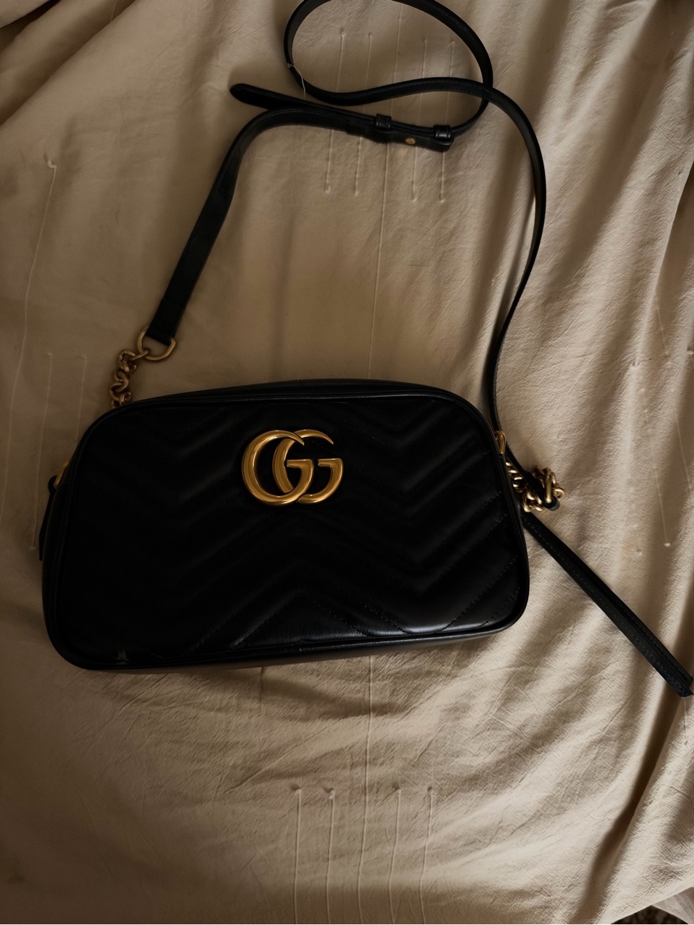 Gucci Black Quilted Leather GG Logo Crossbody Bag with Gold Hardware